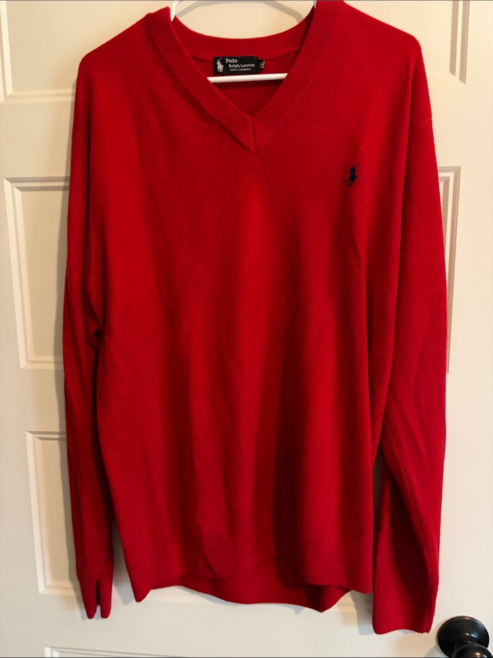 Polo by Ralph Lauren Men's V-Neck Sweater in Bright Red with Navy Logo